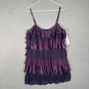 Allen B Size L Ruffle Layered Tank Top Purple Satin Chiffon Y2K Cami Multi Media